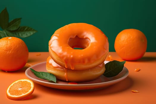 Delicious Sweet Donuts With Orange Icing With Fresh Oranges