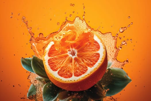 Juicy Grapefruit In Splashes And Drops Of Juice In Flight, Against An Orange Background