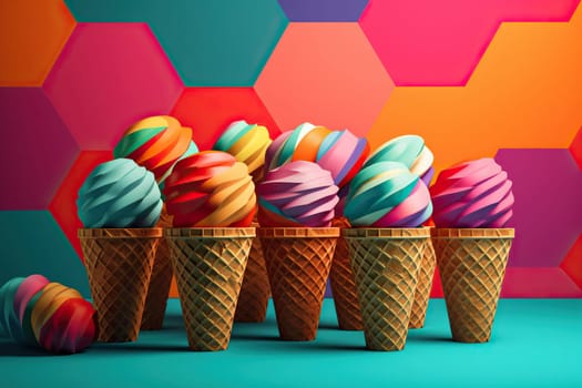 Illustration Set Delicious Colorful Sweet Ice Cream In Waffle Cups On Pastel Background