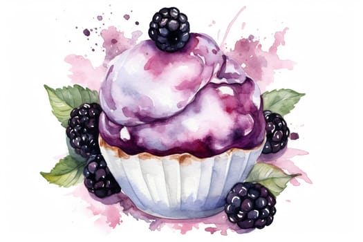 watercolor painting of a BlackBerry ice cream with the Blackberry berries on a white , generative AI
