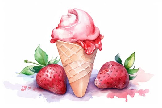 watercolor painting of ice cream with strawberry flavor in waffles come with strawberries , generative AI