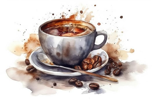 watercolor painting of fresh aromatic coffee cup with coffee beans on a table , generative AI