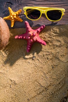 Sunglasses. Ripe Coconut. Sunny beach sea shore. Two starfish Buried plank in a squeak.