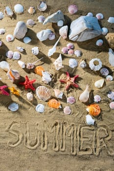 On the sand, the tourist wrote - summer. Relaxing climate of a sea sandy and sunny beach.