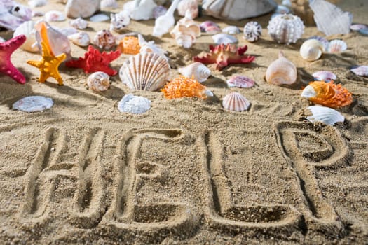 On the sand, the tourist wrote - help. Relaxing climate of a sea sandy and sunny beach.