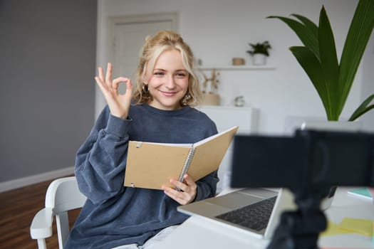 Portrait of smiling young woman, holding notebook, showing okay, ok sign, looking at digital camera, recording video, creating content.