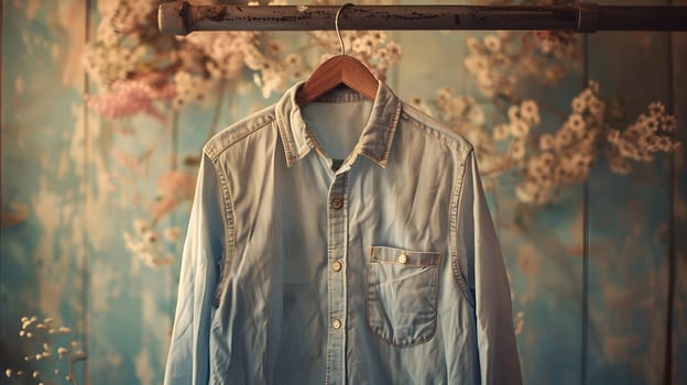 A blue coat hangs on a hanger in front of a wooden wall, displaying a unique fashion design pattern. The visual arts event showcases the intricate sleeve details and artistic painting on the garment