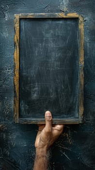 Hand holding a piece of chalk writing on a blackboard, depicting education and communication.