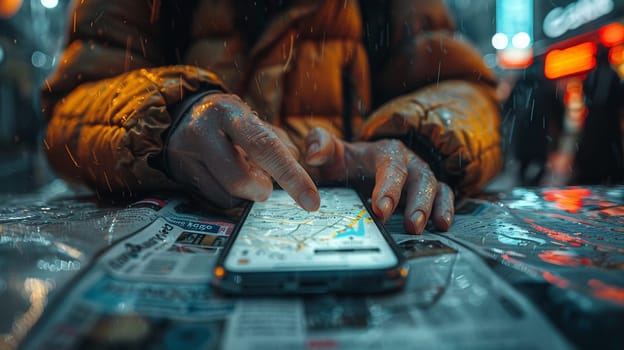 Close-up of fingers scrolling through a news feed on a phone, representing information consumption.