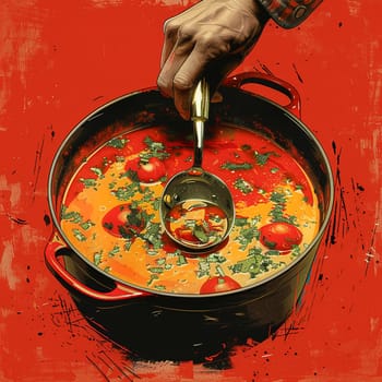 Hand stirring a pot of soup, evoking home cooking and family meals.