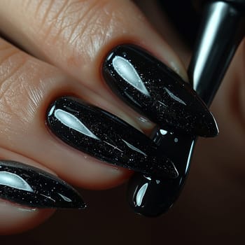 Close-up of hand applying a glossy top coat on nails, showcasing nail care and shine.