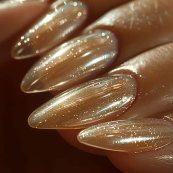 Close-up of hand applying a glossy top coat on nails, showcasing nail care and shine.
