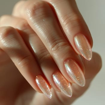 Close-up of hand applying a glossy top coat on nails, showcasing nail care and shine.