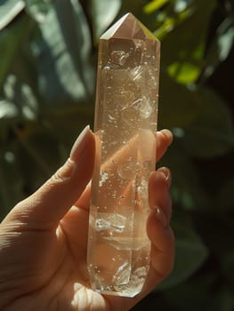 Close-up of hand holding a crystal nail file, symbolizing nail care and grooming.