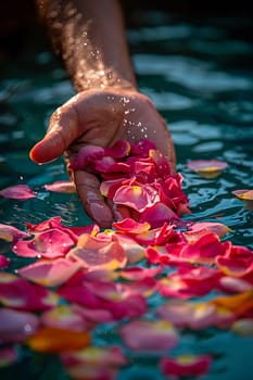 Close-up of hand sprinkling rose petals in a bath, evoking luxury and relaxation.