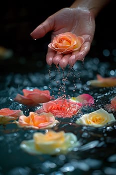 Close-up of hand sprinkling rose petals in a bath, evoking luxury and relaxation.