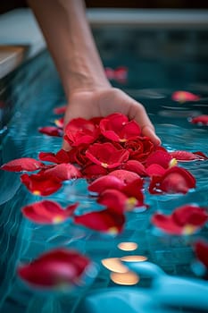 Close-up of hand sprinkling rose petals in a bath, evoking luxury and relaxation.