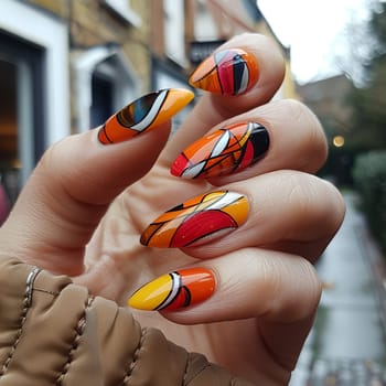Close-up of hand with bold geometric nail design, showcasing creative nail art.