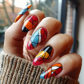 Close-up of hand with bold geometric nail design, showcasing creative nail art.