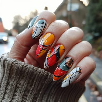 Close-up of hand with bold geometric nail design, showcasing creative nail art.