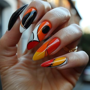 Close-up of hand with bold geometric nail design, showcasing creative nail art.