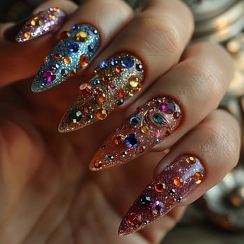 Close-up of hand with glittery nail art, showcasing creative beauty and fashion.