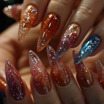 Close-up of hand with glittery nail art, showcasing creative beauty and fashion.