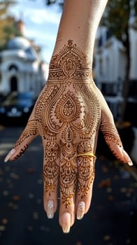Close-up of hand with intricate henna designs, showcasing cultural beauty.