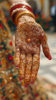 Close-up of hand with intricate henna designs, showcasing cultural beauty.