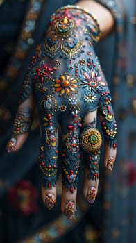 Close-up of hand with intricate henna designs, showcasing cultural beauty.