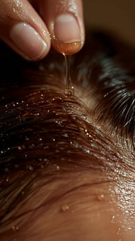 Fingers applying a scalp treatment oil, symbolizing hair care and scalp health.
