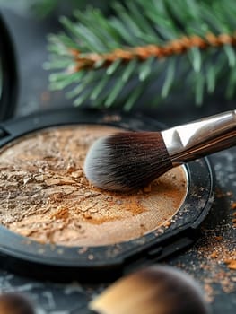 Fingers gently holding a makeup brush against a palette, symbolizing beauty routine.