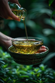 Hand applying a natural body oil, representing skin hydration and care.