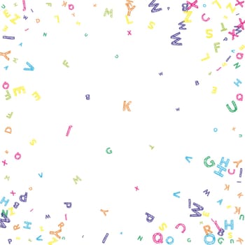 Falling letters of English language. Colorful messy sketch flying words of Latin alphabet. Foreign languages study concept. Captivating back to school banner on white background.