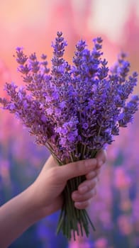 Hand holding a bouquet of lavender, evoking natural beauty and relaxation.