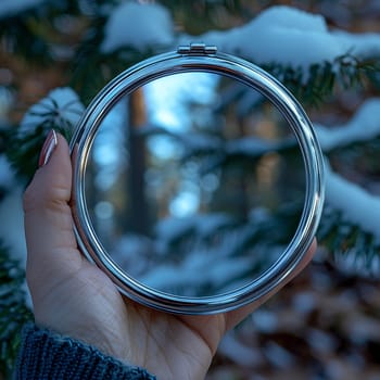 Hand holding a compact mirror, reflecting beauty and self-reflection.