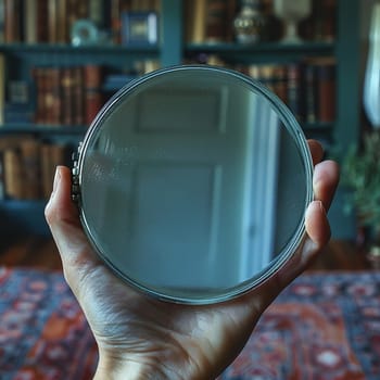 Hand holding a compact mirror, reflecting beauty and self-reflection.