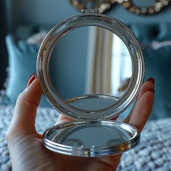 Hand holding a compact mirror, reflecting beauty and self-reflection.