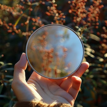 Hand holding a compact mirror, reflecting beauty and self-reflection.