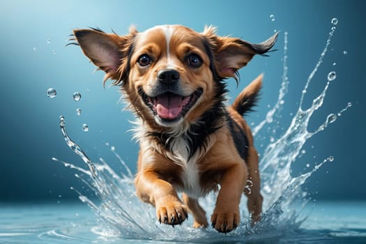 wet dog runs through puddles .