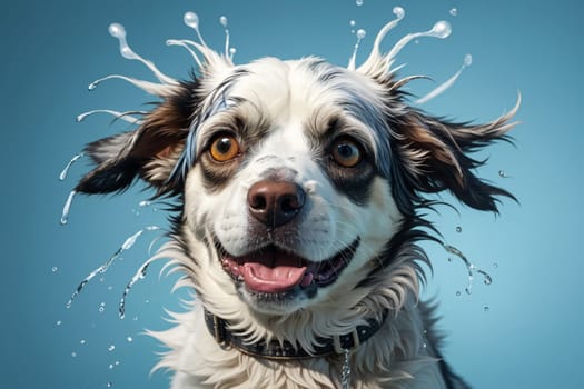 dog is wet, fur in water, washing .