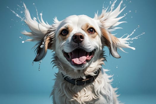 dog is wet, fur in water, washing .