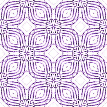 Textile ready precious print, swimwear fabric, wallpaper, wrapping. Purple excellent boho chic summer design. Watercolor ikat repeating tile border. Ikat repeating swimwear design.