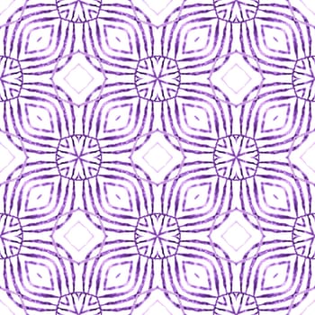 Textile ready precious print, swimwear fabric, wallpaper, wrapping. Purple excellent boho chic summer design. Watercolor ikat repeating tile border. Ikat repeating swimwear design.