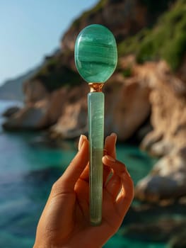 Hand holding a jade roller on facial skin, symbolizing wellness and beauty trends.