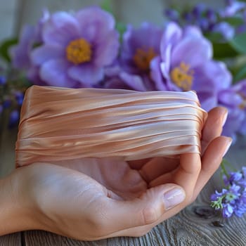 Hand holding a silk hair wrap, representing hair protection and beauty routines.