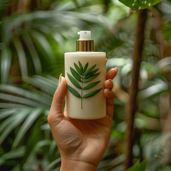 Hand holding a skincare product with eco-friendly packaging, symbolizing sustainable beauty.