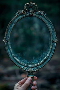 Hand holding an antique vanity mirror, representing timeless beauty and elegance.