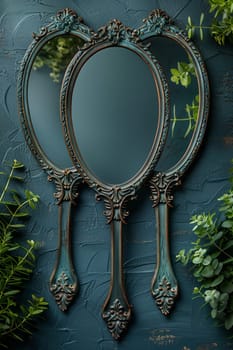 Hand holding an antique vanity mirror, representing timeless beauty and elegance.