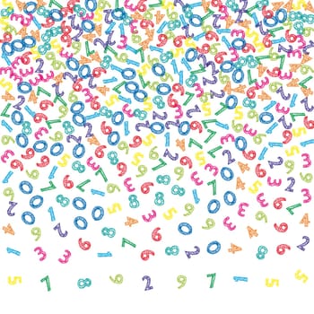 Falling colorful sketch numbers. Math study concept with flying digits. Uncommon back to school mathematics banner on white background. Falling numbers illustration.